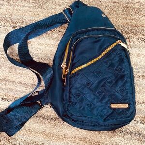 Quilted Blue Crossbody Bag with Gold Logo Plate